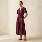 Maroon Handspun Cotton Flutter Sleeve Tie-Back Tiered Midi Dress