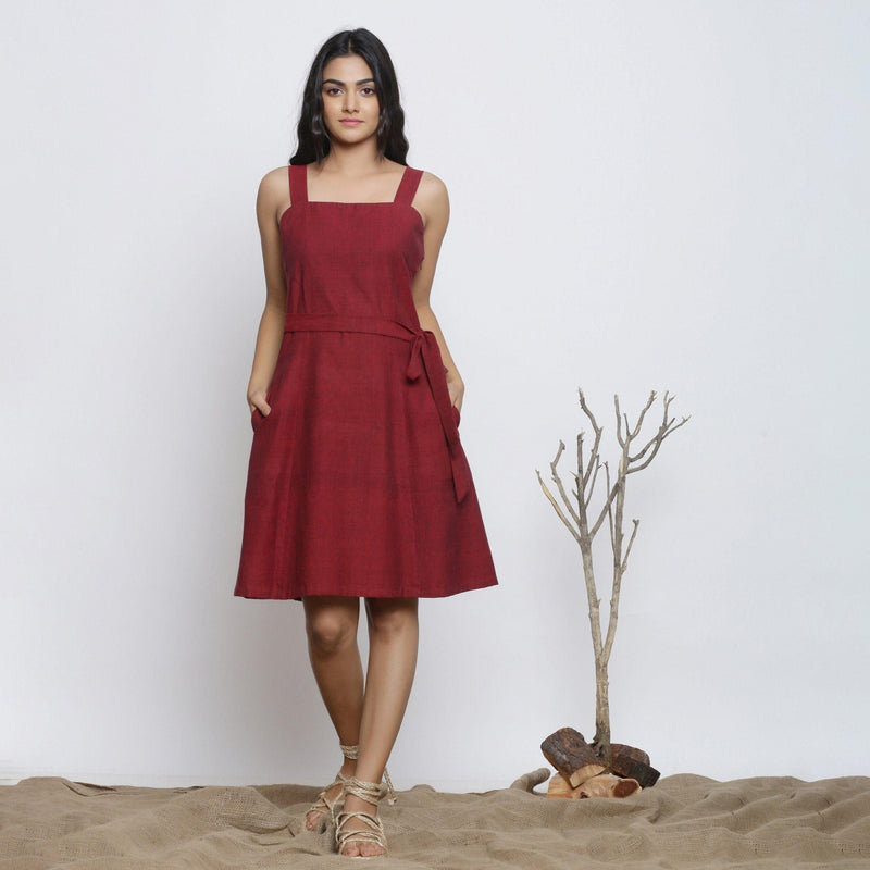 Front View of a Model wearing Maroon Handspun Knee Length Dress