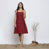 Front View of a Model wearing Maroon Handspun Knee Length Dress