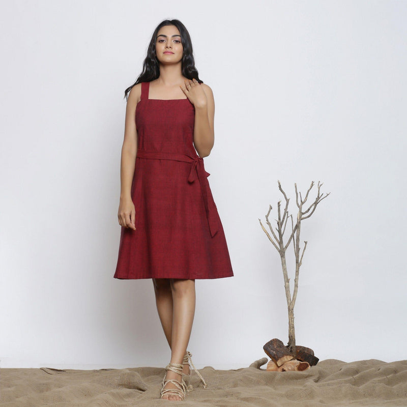 Front View of a Model wearing Maroon Handspun Knee Length Dress