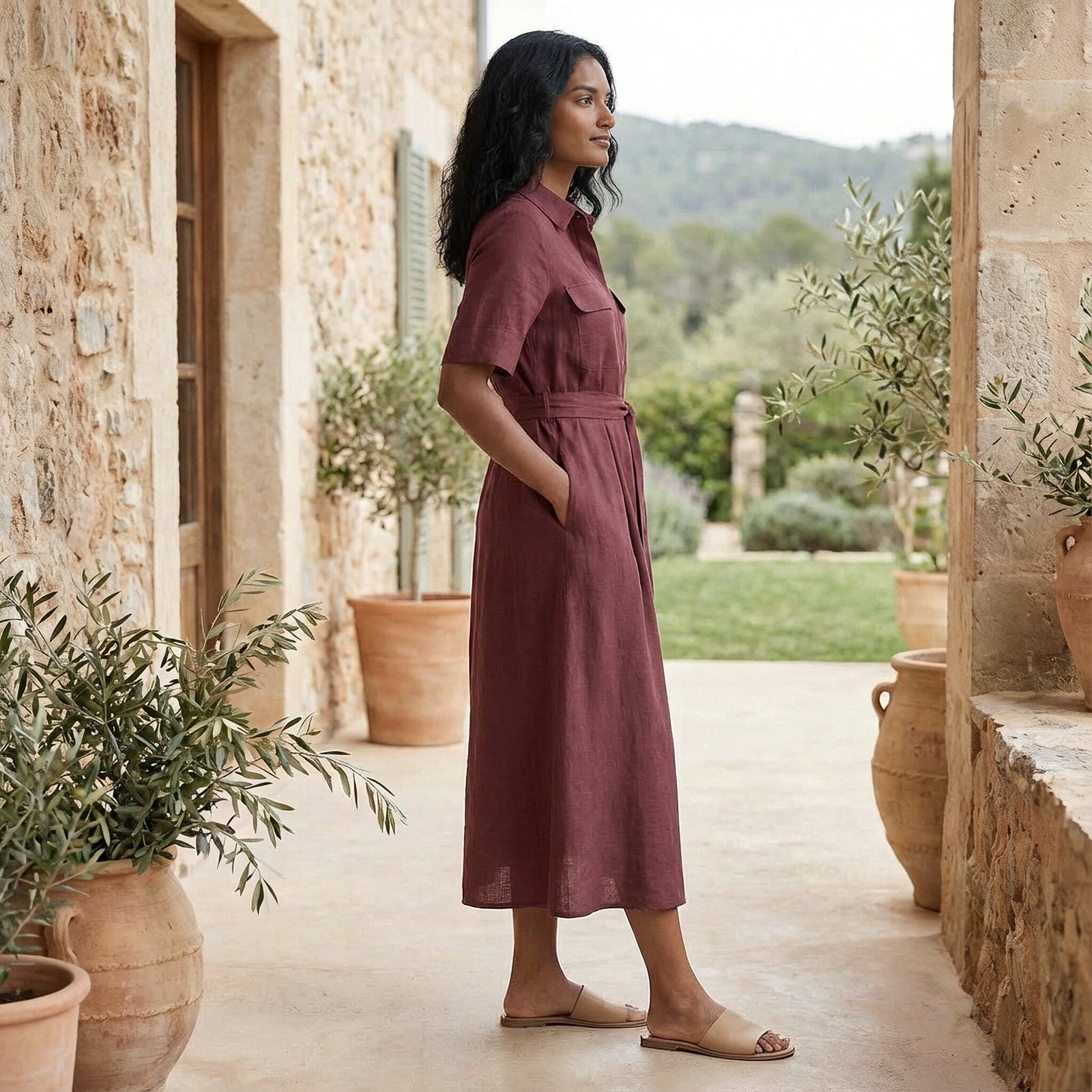 Maroon Handspun Cotton Midi Safari Shirt Dress with Belt 58