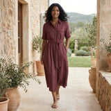 Maroon Handspun Cotton Midi Safari Shirt Dress with Belt