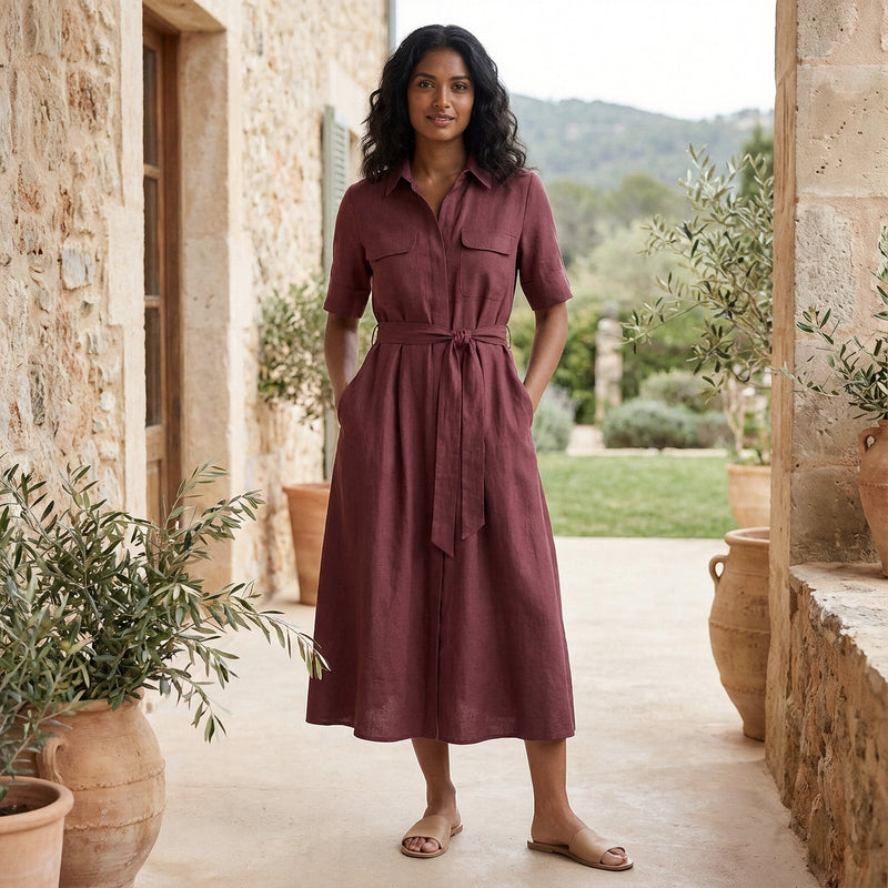 cotton safari shirt dress Maroon Handspun Cotton Midi Safari Shirt Dress with Belt 58