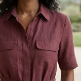 Maroon Handspun Cotton Midi Safari Shirt Dress with Belt