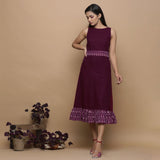 Front View of a Model wearing Maroon Handspun Cotton Muslin Boat Neck Tier Midi Dress