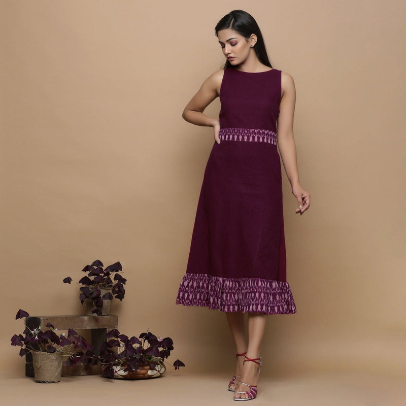 Front View of a Model wearing Maroon Handspun Cotton Muslin Boat Neck Tier Midi Dress