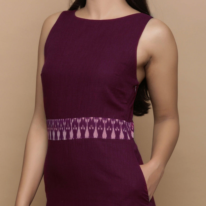 Front Detail of a Model wearing Maroon Handspun Cotton Muslin Boat Neck Tier Midi Dress