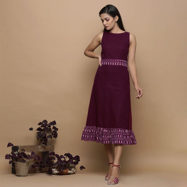 Maroon Handspun Cotton Muslin Boat Neck Tier Midi Dress