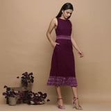 Right View of a Model wearing Maroon Handspun Cotton Muslin Boat Neck Tier Midi Dress