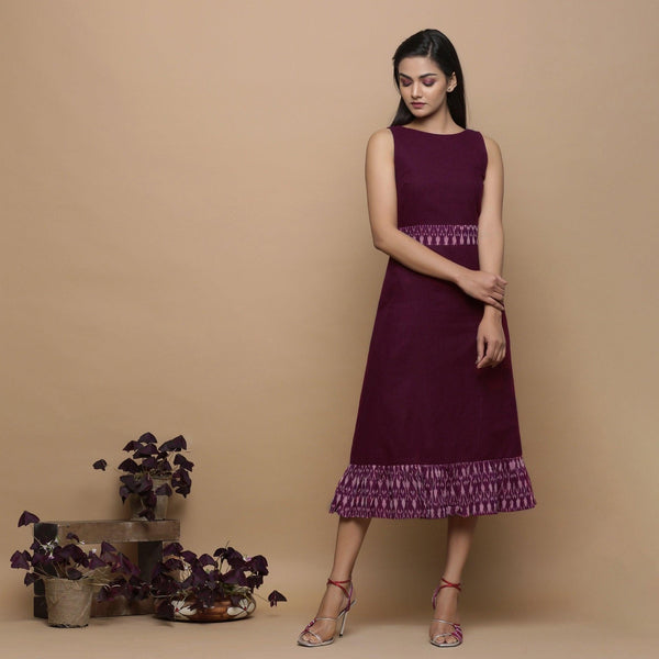 Front View of a Model wearing Maroon Handspun Cotton Muslin Boat Neck Tier Midi Dress