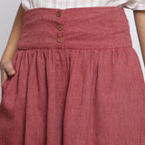 Front Detail of a Model wearing Maroon Handspun Flared High Rise Pant