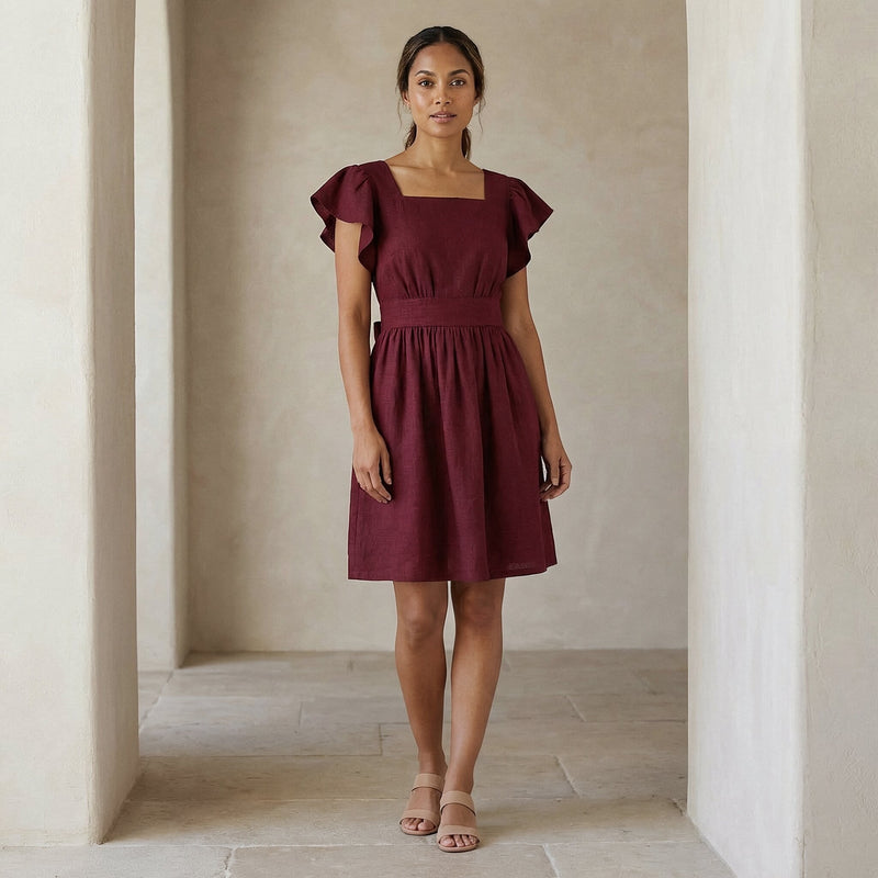 fit and flare dress knee length Maroon Handspun Cotton Open-Back 64