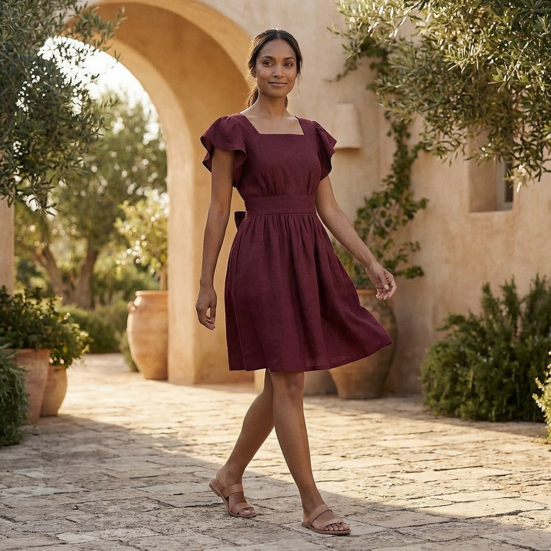 fit and flare knee length dress Maroon Handspun Cotton Open-Back 64