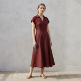 Maroon Handspun Cotton Paneled A-Line Midi Dress