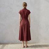 Maroon Handspun Cotton Paneled A-Line Midi Dress