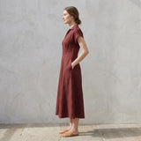 Maroon Handspun Cotton Paneled A-Line Midi Dress