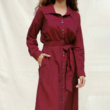 Maroon Handspun Cotton Pleated Button-Down Maxi Dress