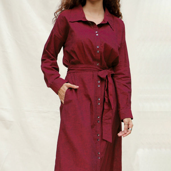Maroon Handspun Cotton Pleated Button-Down Maxi Dress