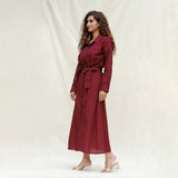 Maroon Handspun Cotton Pleated Button-Down Maxi Dress