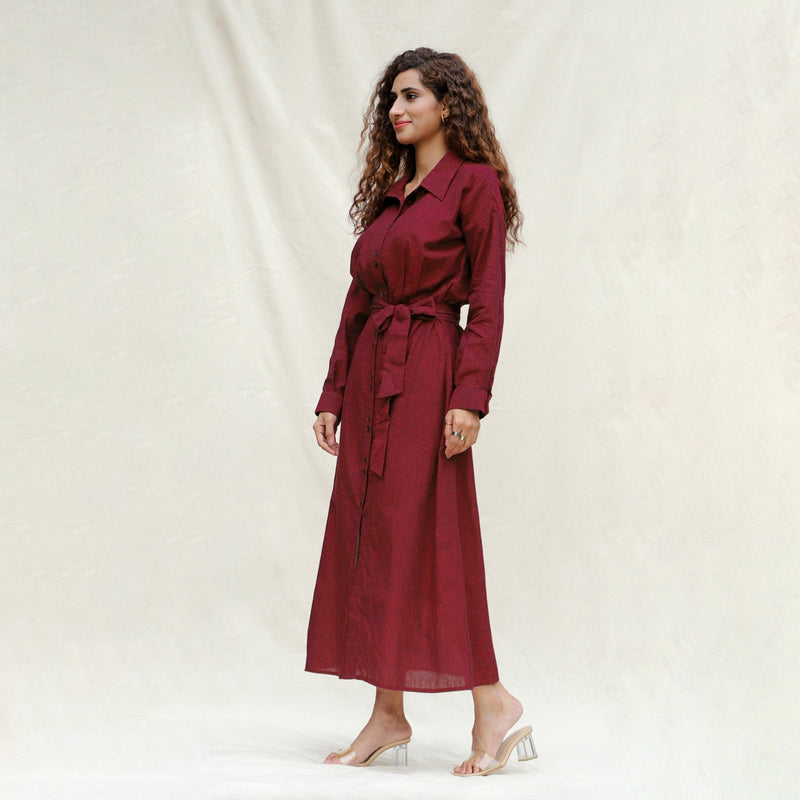 Maroon Handspun Cotton Pleated Button-Down Maxi Dress