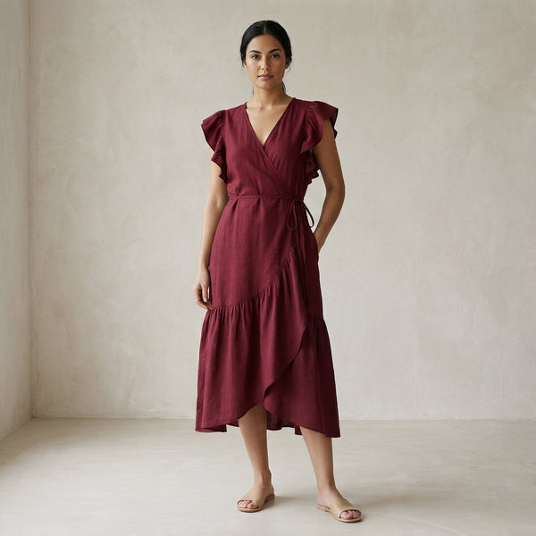 wrap burgundy dress Buy Maroon Handspun Cotton Ruffle Midi Wrap Dress Online at SeamsFriendly