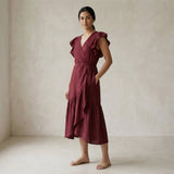 Maroon Handspun Cotton Ruffle Midi Wrap Dress