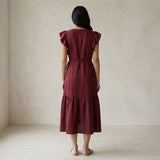 Maroon Handspun Cotton Ruffle Midi Wrap Dress