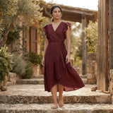 Maroon Handspun Cotton Ruffle Midi Wrap Dress