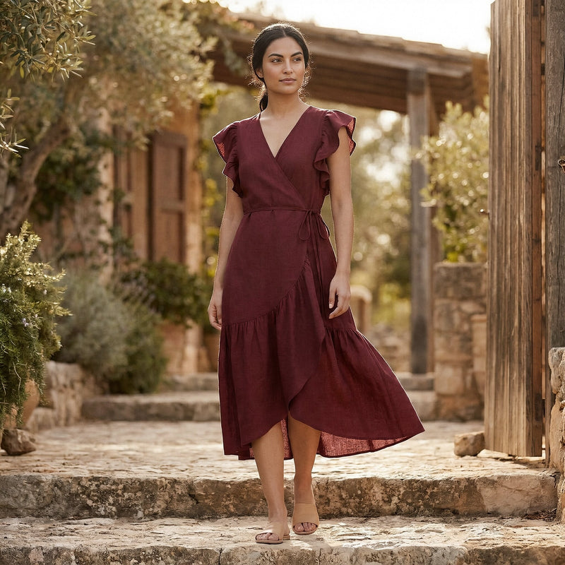formal midi wrap dress Maroon Handspun Cotton Ruffle 58