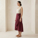 Maroon Handspun Cotton Ruffle Midi Wrap Skirt