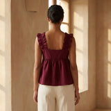 Maroon Handspun Cotton Ruffle-Strap Square Neck Peplum Top