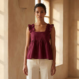 Maroon Handspun Cotton Ruffle-Strap Square Neck Peplum Top