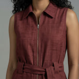 Maroon Handspun Cotton Sleeveless Front Zipper Safari Jumpsuit