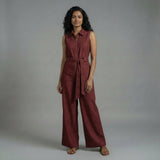 Maroon Handspun Cotton Sleeveless Front Zipper Safari Jumpsuit