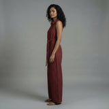 Maroon Handspun Cotton Sleeveless Front Zipper Safari Jumpsuit