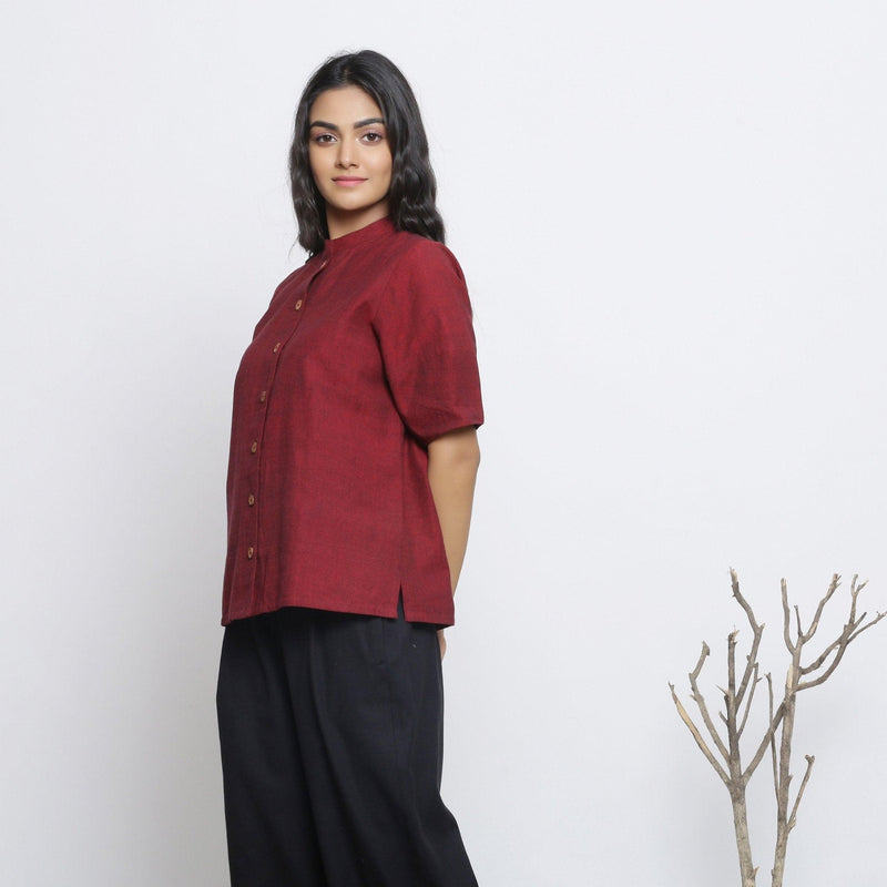 Left View of a Model wearing Maroon Handspun Cotton Button-Down Top