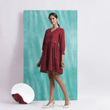 Maroon Handspun Cotton V-Neck Gathered Short Dress