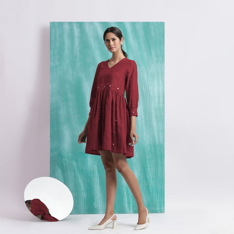 Maroon Handspun Cotton V-Neck Gathered Short Dress