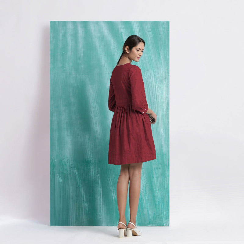 Maroon Handspun Cotton V-Neck Gathered Short Dress