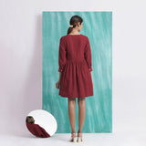 Maroon Handspun Cotton V-Neck Gathered Short Dress