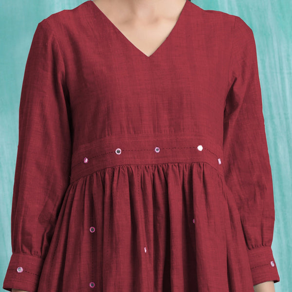 Maroon Handspun Cotton V-Neck Gathered Short Dress