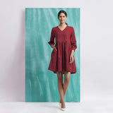 Maroon Handspun Cotton V-Neck Gathered Short Dress