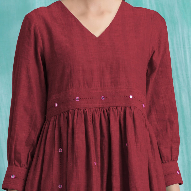 Maroon Handspun Cotton V-Neck Gathered Short Dress