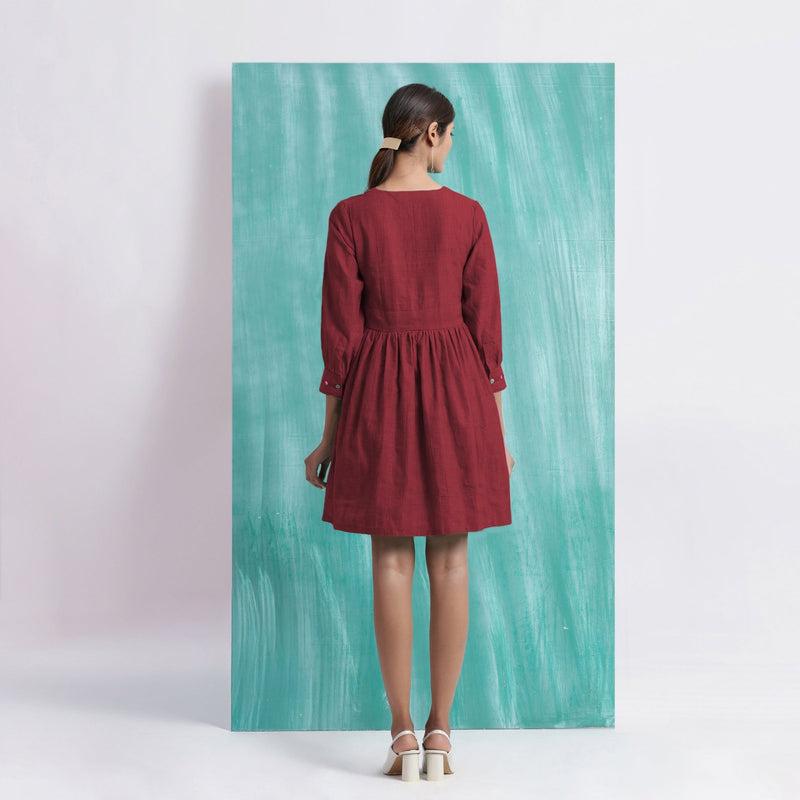 Maroon Handspun Cotton V-Neck Gathered Short Dress