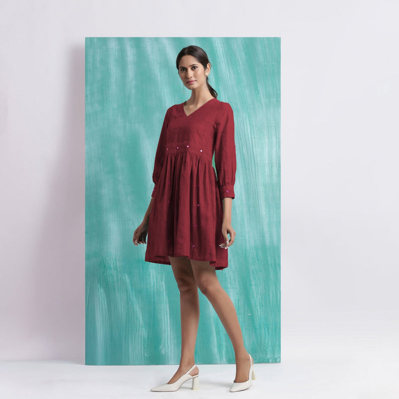 Maroon Handspun Cotton V-Neck Gathered Short Dress