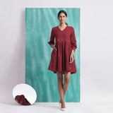 Maroon Handspun Cotton V-Neck Gathered Short Dress