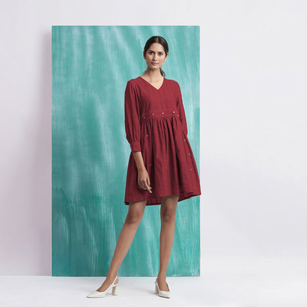 Maroon Handspun Cotton V-Neck Gathered Short Dress