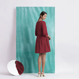 Maroon Handspun Cotton V-Neck Gathered Short Dress
