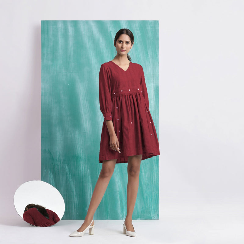 Maroon Handspun Cotton V-Neck Gathered Short Dress