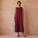 Maroon Handspun Cotton Wavy Stripe Maxi Shift Dress